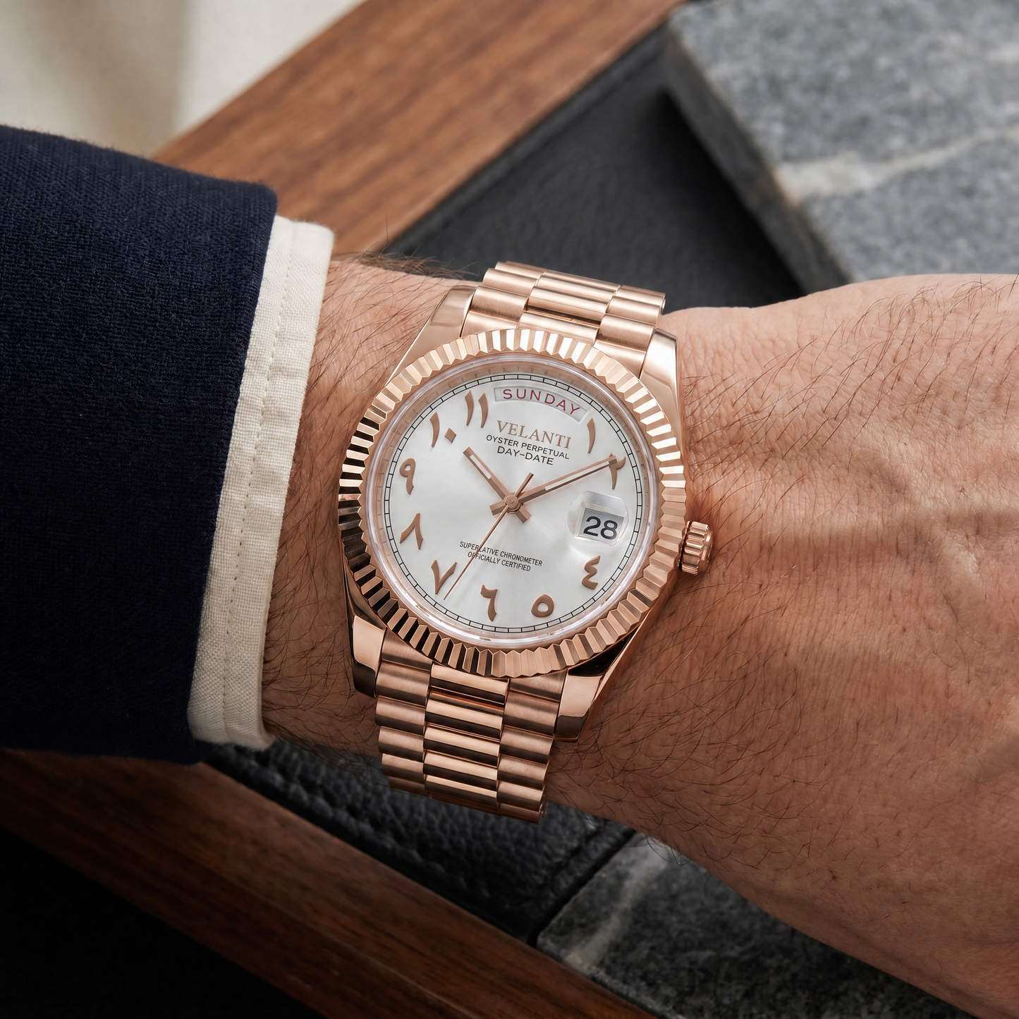 Datejust-style automatic watch, Velanti Milano Veljust Daydate Rose Gold - White Arabic, on-wrist photo