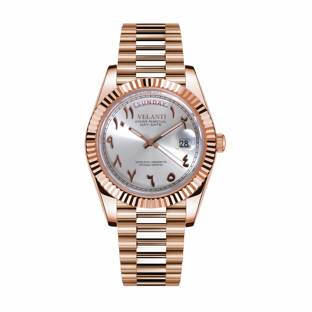 Datejust-style automatic watch, Velanti Milano Veljust Daydate Rose Gold - White Arabic, main product photo