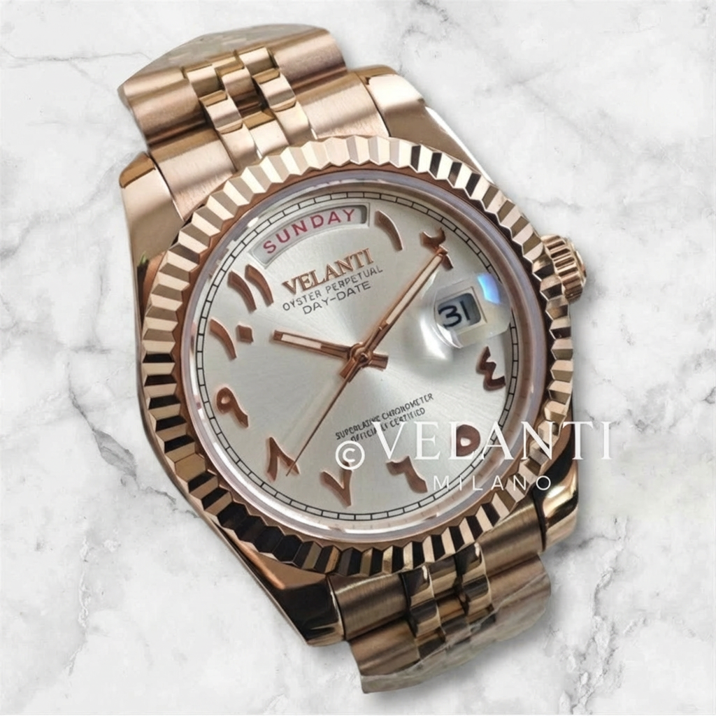 Datejust-style automatic watch, Velanti Milano Veljust Daydate Rose Gold - White Arabic, product photo 3