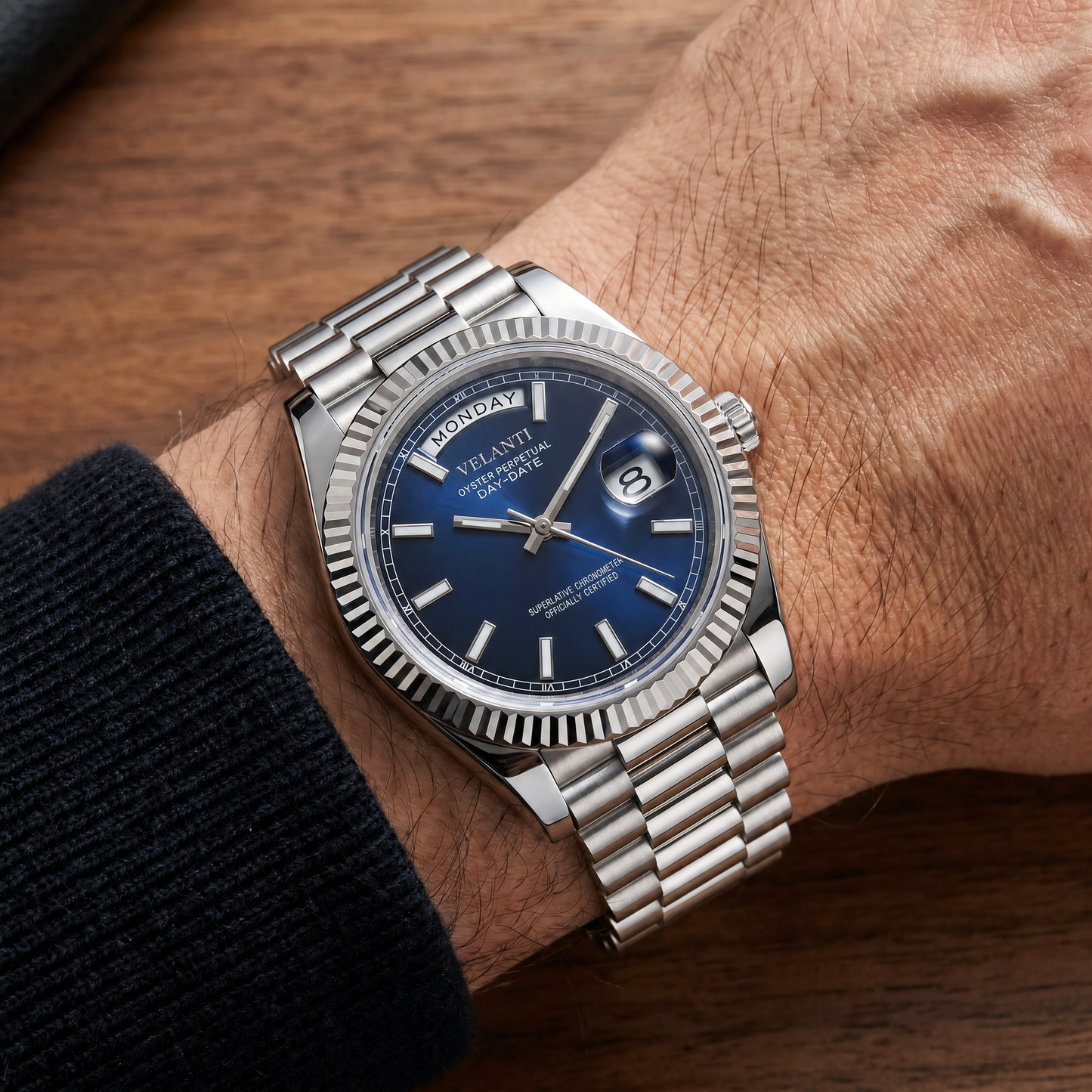 Datejust-style automatic watch, Velanti Milano Veljust Daydate Royal Blue, on-wrist photo