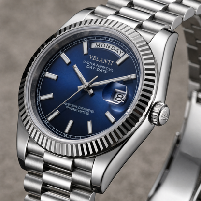 Datejust-style custom automatic watch, Velanti Milano Veljust Daydate Royal Blue, watch detail photo 10