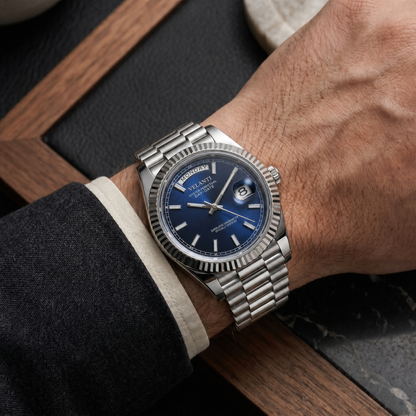 Datejust-style automatic watch, Velanti Milano Veljust Daydate Royal Blue, on-wrist photo