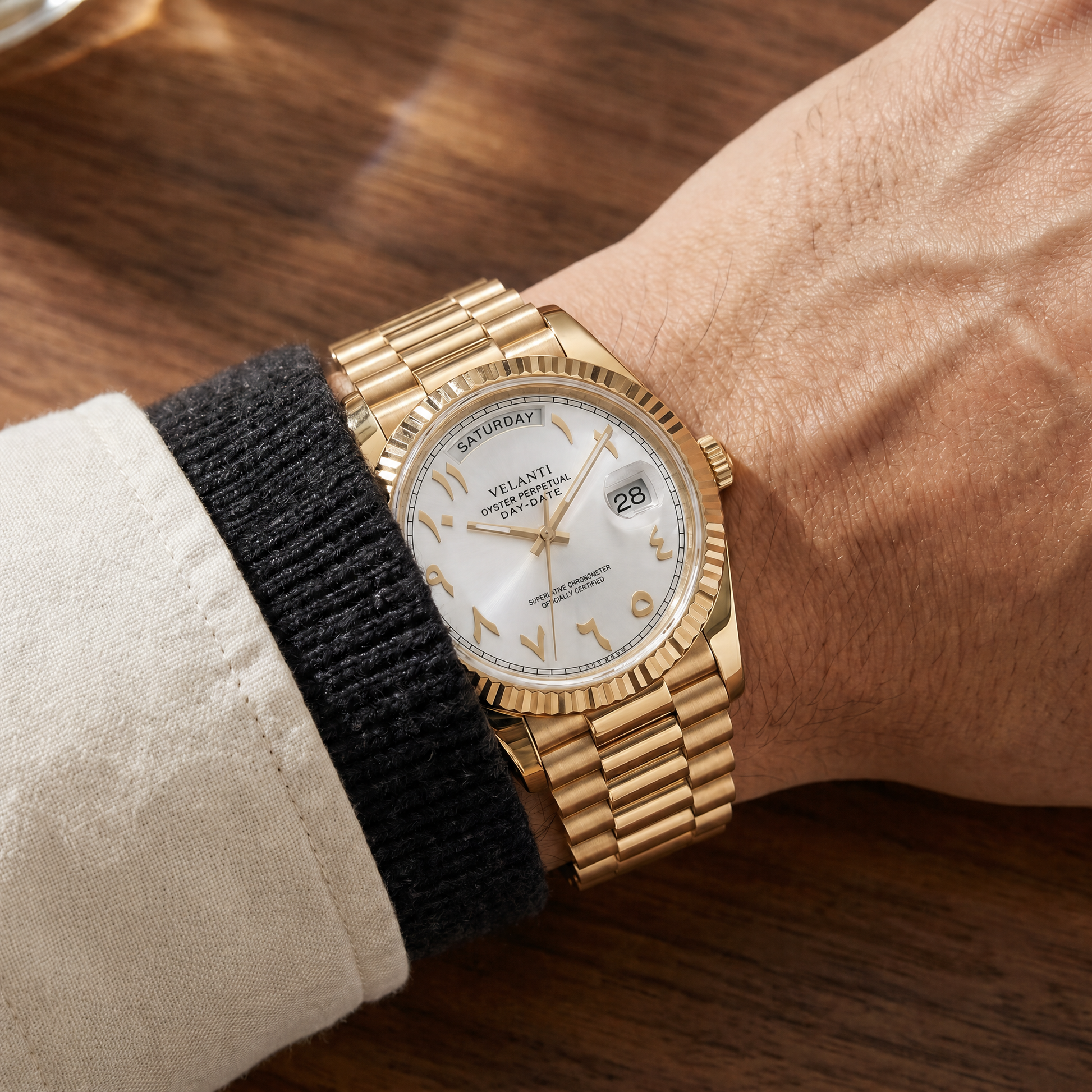 Datejust-style automatic watch, Velanti Milano Veljust Daydate Yellow Gold - White Arabic, product photo 2