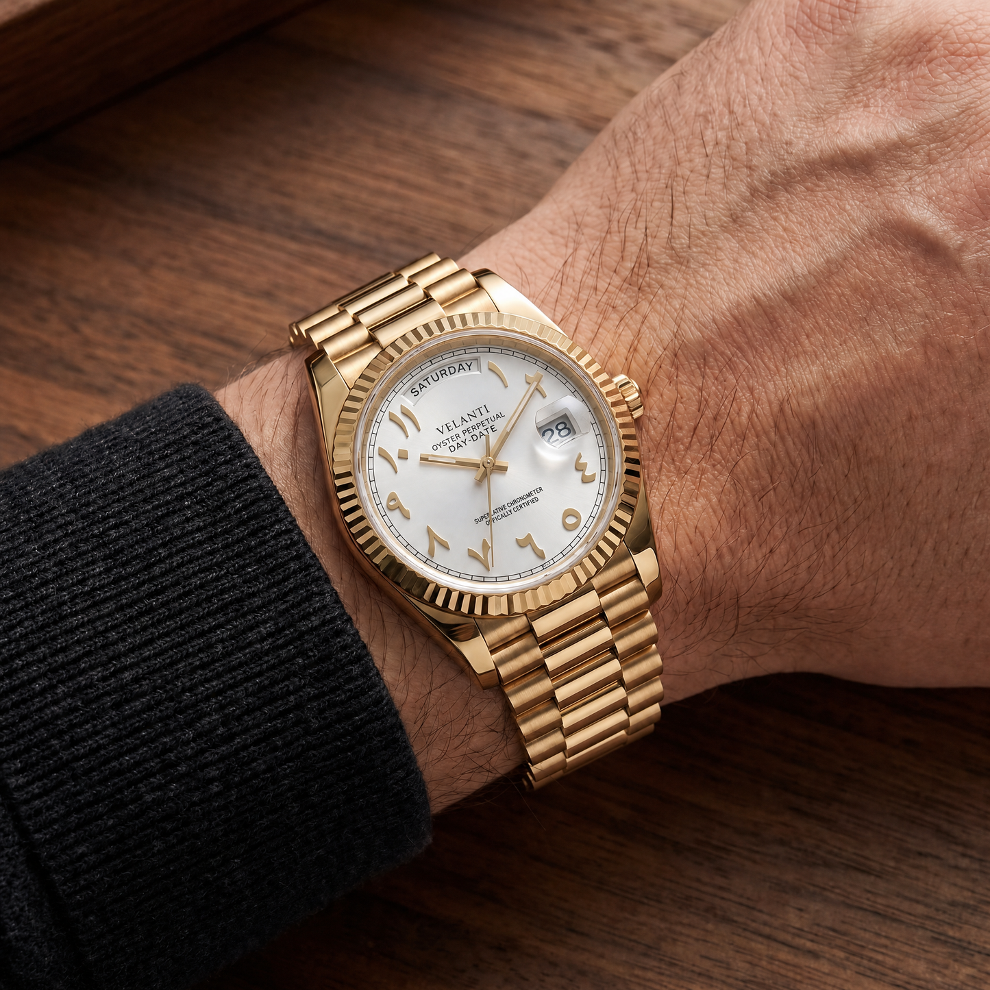 Datejust-style automatic watch, Velanti Milano Veljust Daydate Yellow Gold - White Arabic, on-wrist photo