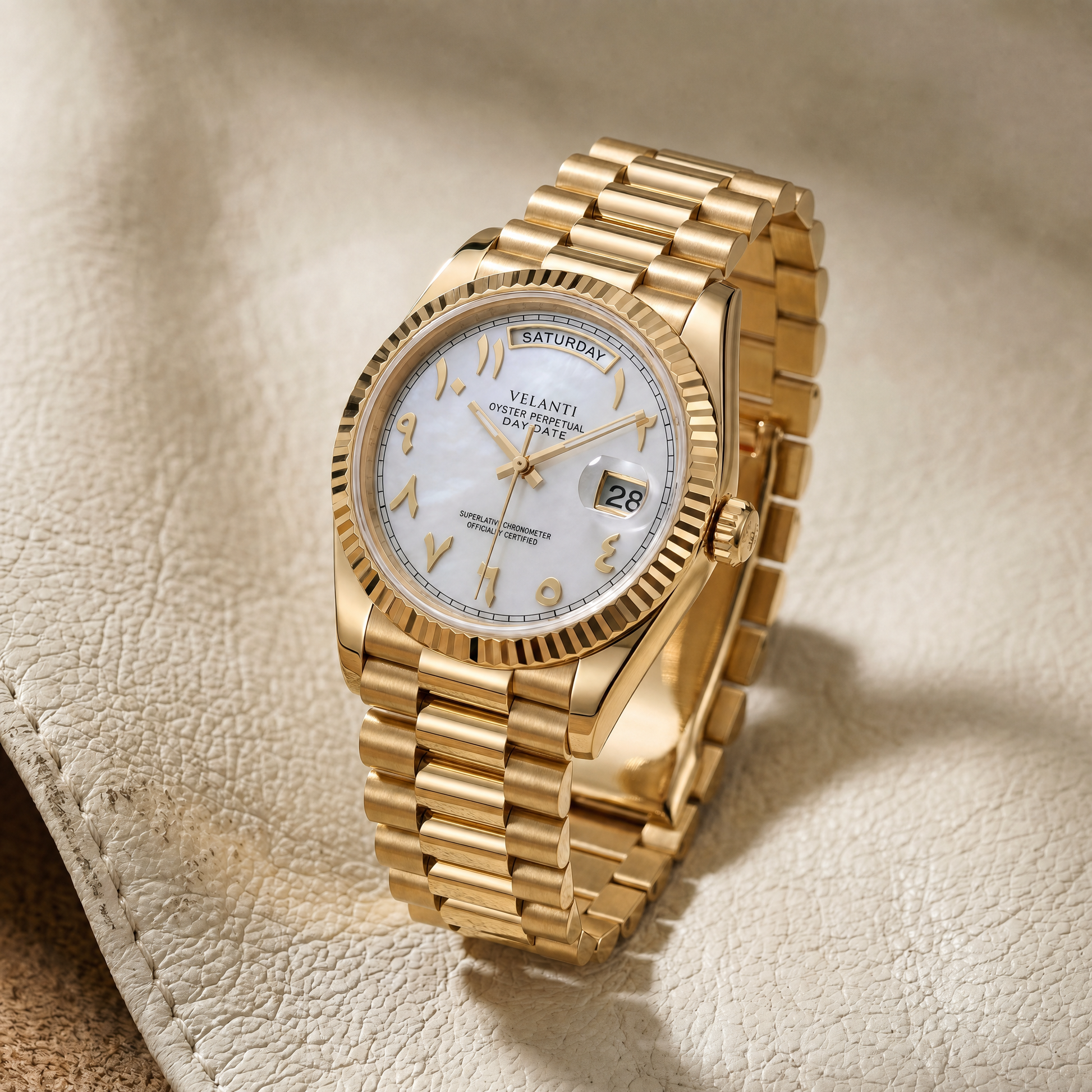 Datejust-style custom automatic watch, Velanti Milano Veljust Daydate Yellow Gold White Arabic, bracelet detail photo