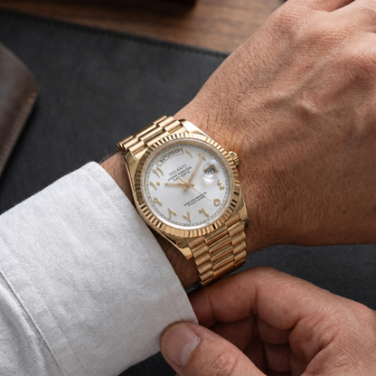 Datejust-style automatic watch, Velanti Milano Veljust Daydate Yellow Gold - White Arabic, on-wrist photo