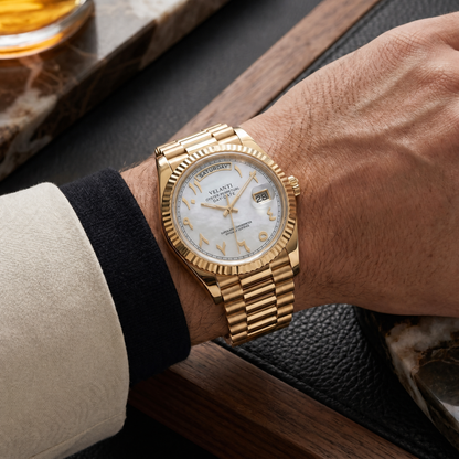 Datejust-style automatic watch, Velanti Milano Veljust Daydate Yellow Gold - White Arabic, on-wrist photo