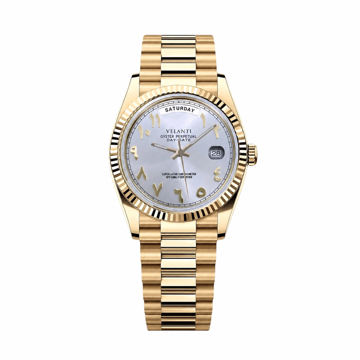 Datejust-style automatic watch, Velanti Milano Veljust Daydate Yellow Gold - White Arabic, main product photo