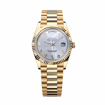 Datejust-style automatic watch, Velanti Milano Veljust Daydate Yellow Gold - White Arabic, main product photo
