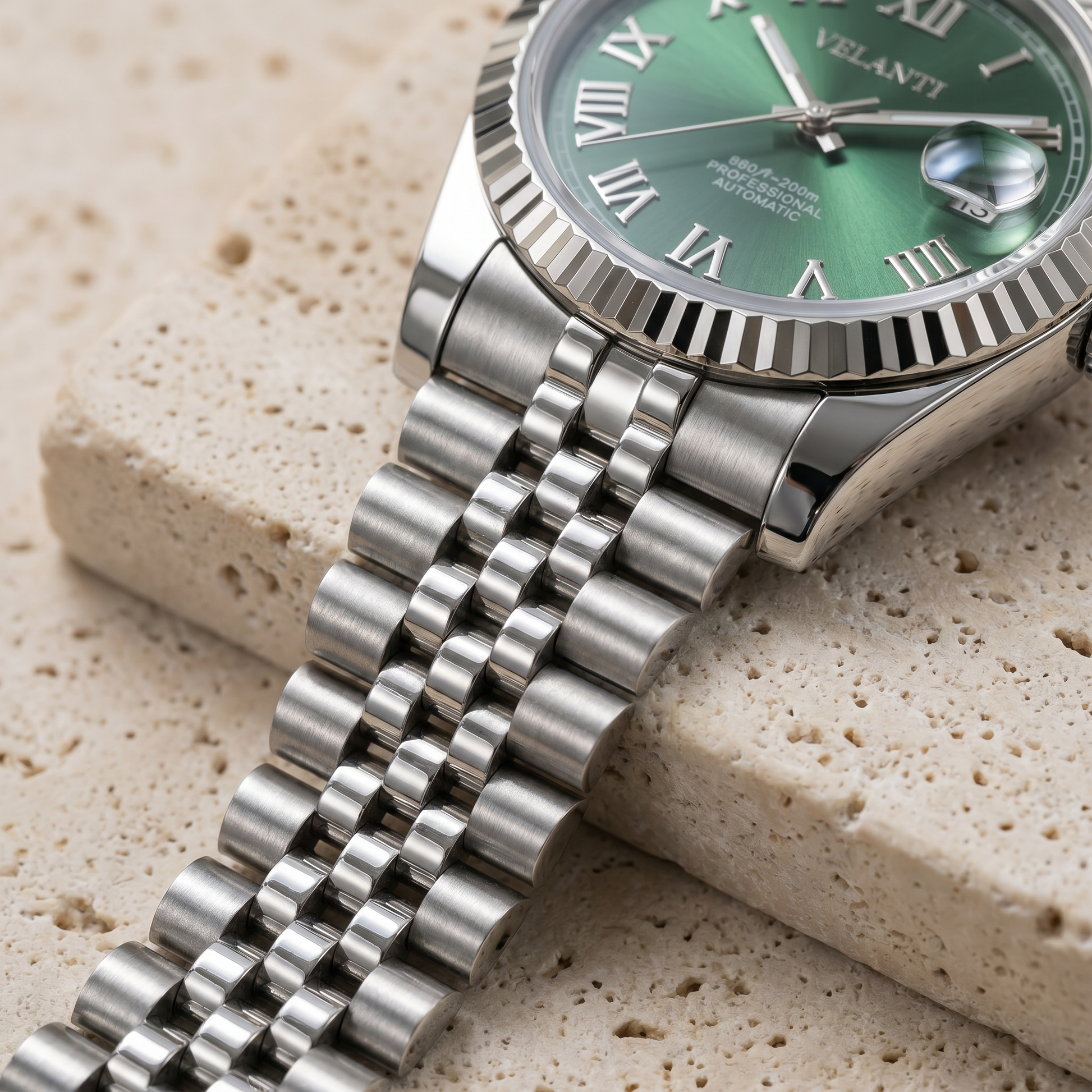 Datejust-style automatic watch, Velanti Milano Veljust Green Roman, product photo 4