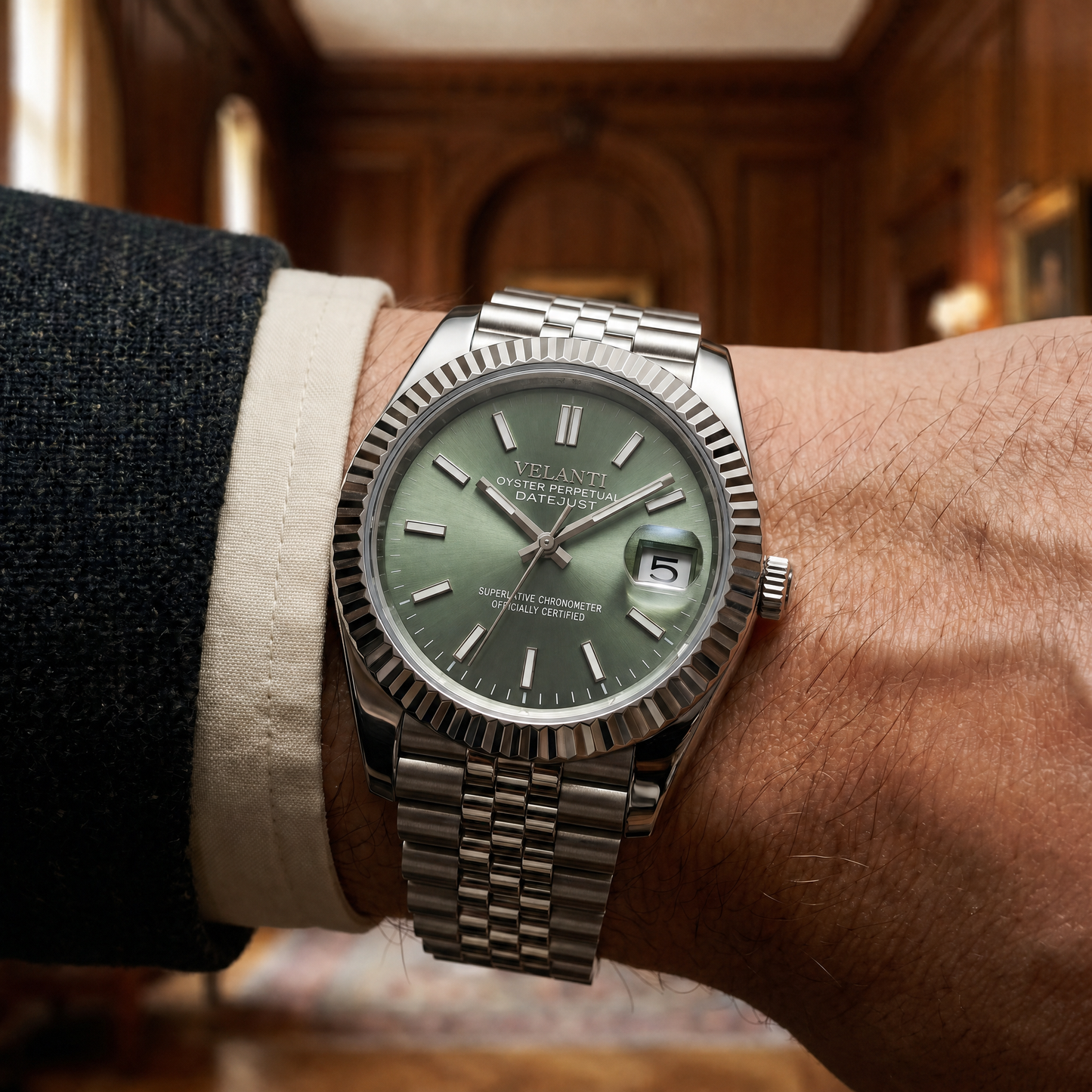 Datejust-style custom mod watch, Velanti Milano Veljust Mint Green, product photo 10