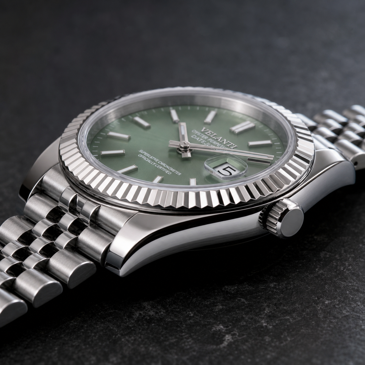 Datejust-style custom automatic watch, Velanti Milano Veljust Mint Green, side profile photo