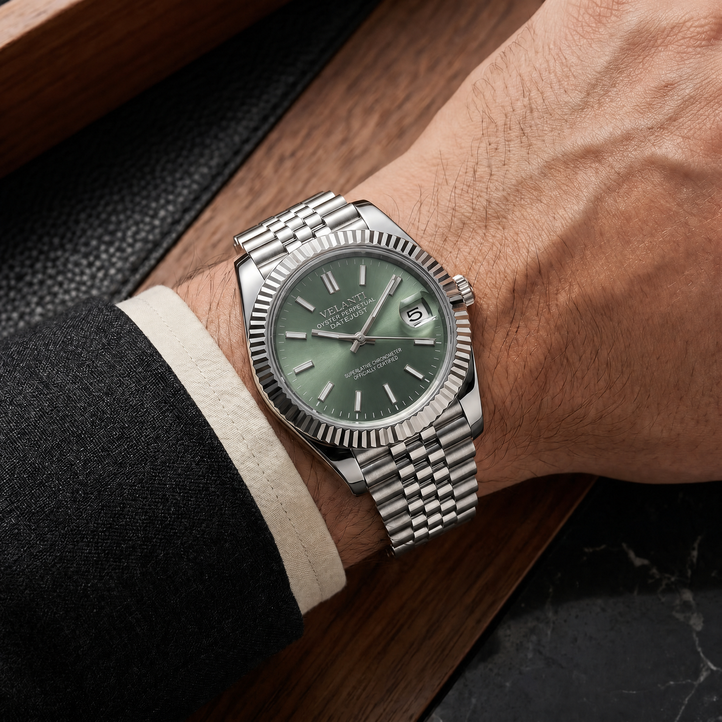 Datejust-style custom mod watch, Velanti Milano Veljust Mint Green worn on wrist photo 12