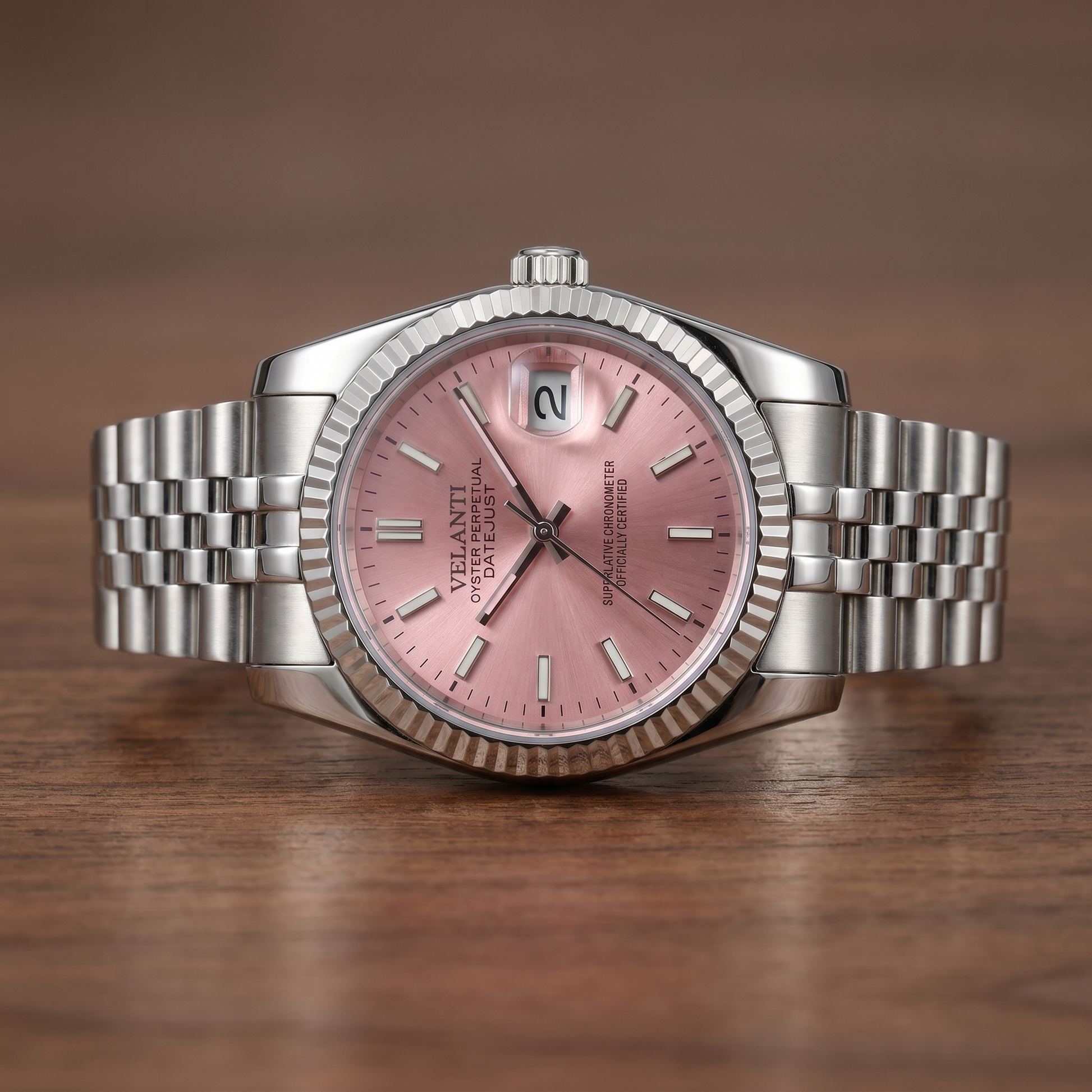 Datejust-style custom automatic watch, Velanti Milano Veljust Pink, watch detail photo