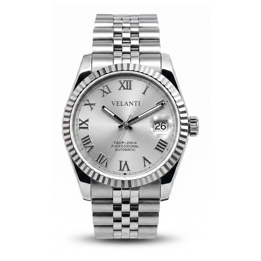 Datejust-style automatic watch, Velanti Milano Veljust Roman Silver, main product photo
