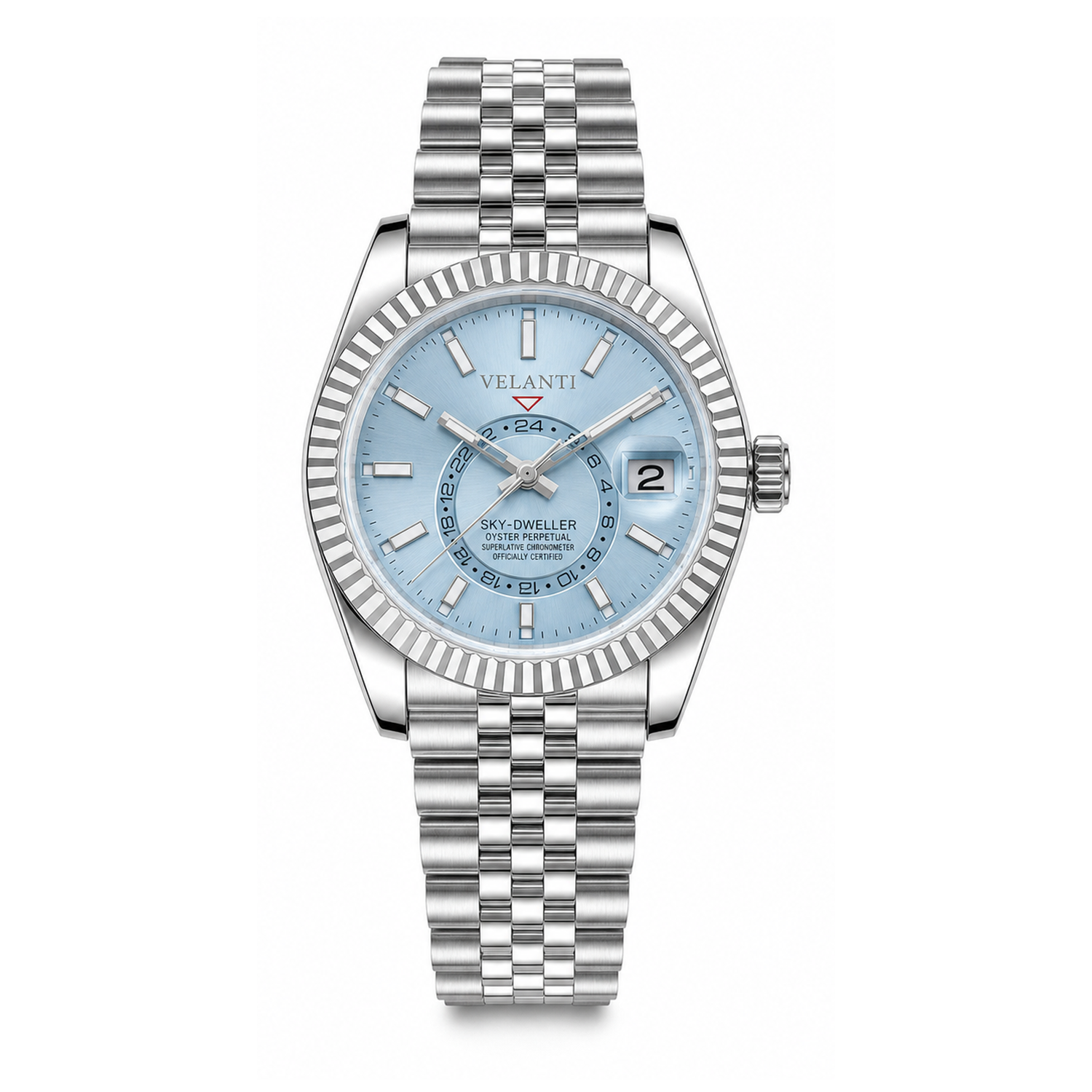 Datejust-style automatic watch, Velanti Milano Veljust Sky Dweller Ice Blue, main product photo