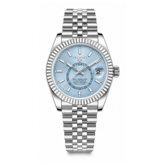Datejust-style automatic watch, Velanti Milano Veljust Sky Dweller Ice Blue, main product photo