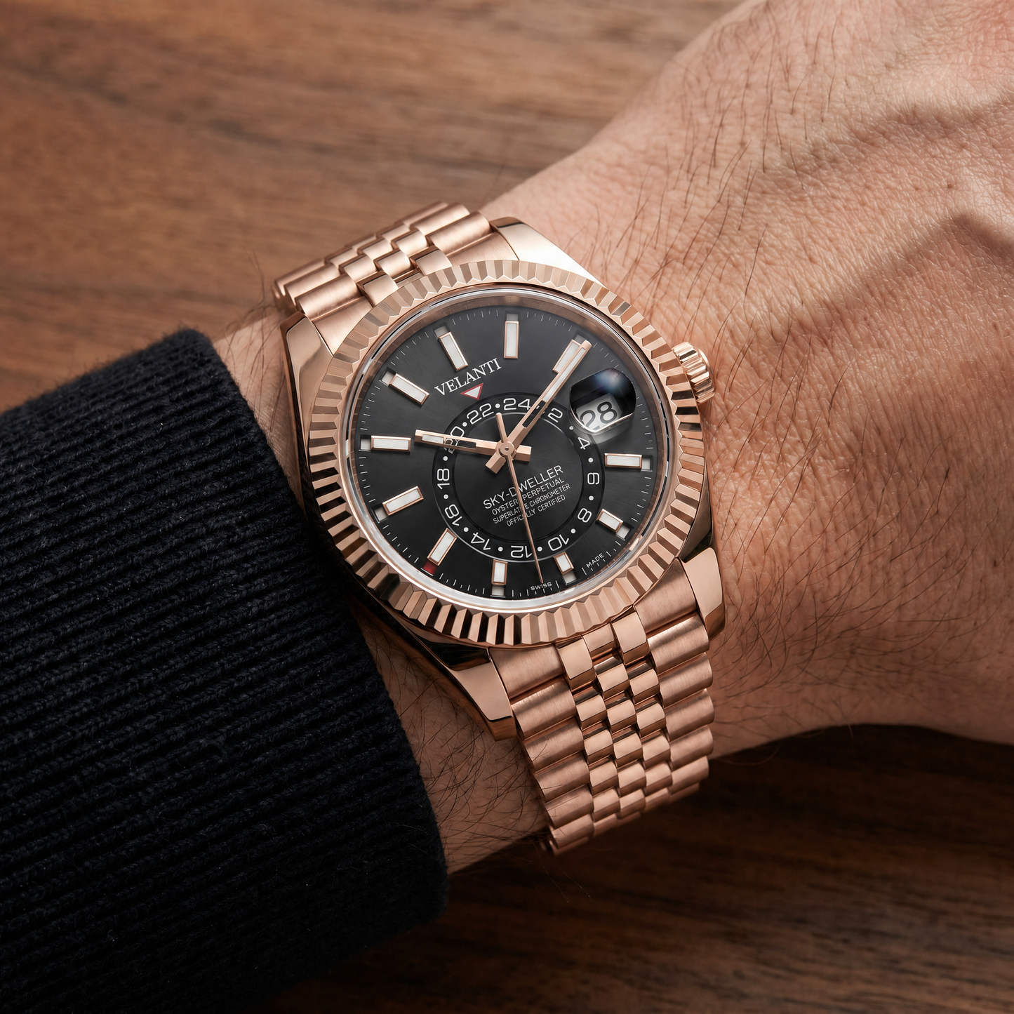 Datejust-style automatic watch, Velanti Milano Veljust Sky Dweller Rose Gold, on-wrist photo
