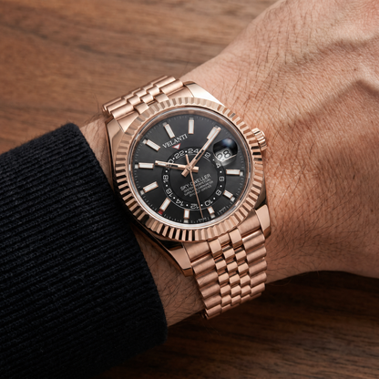 Datejust-style automatic watch, Velanti Milano Veljust Sky Dweller Rose Gold, on-wrist photo