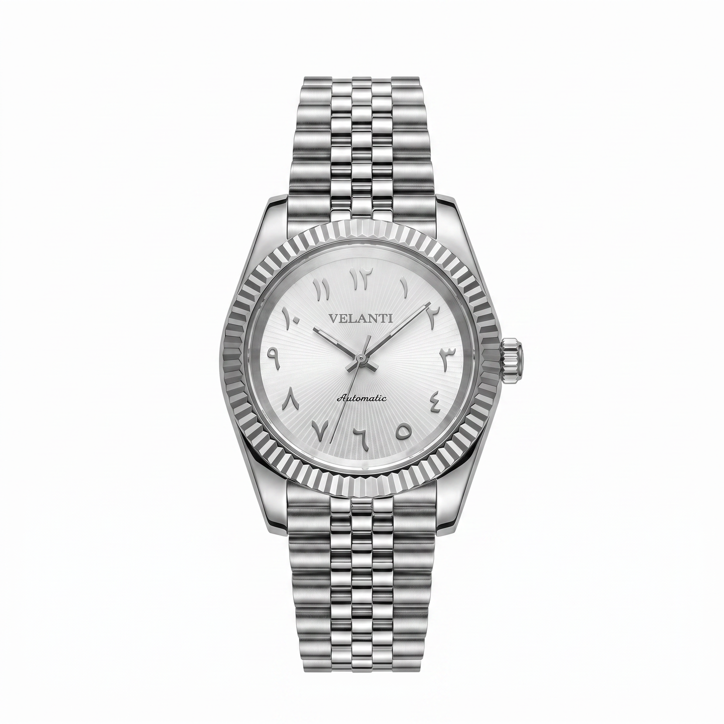 Datejust-style automatic watch, Velanti Milano Veljust White Arabic Textured, main product photo