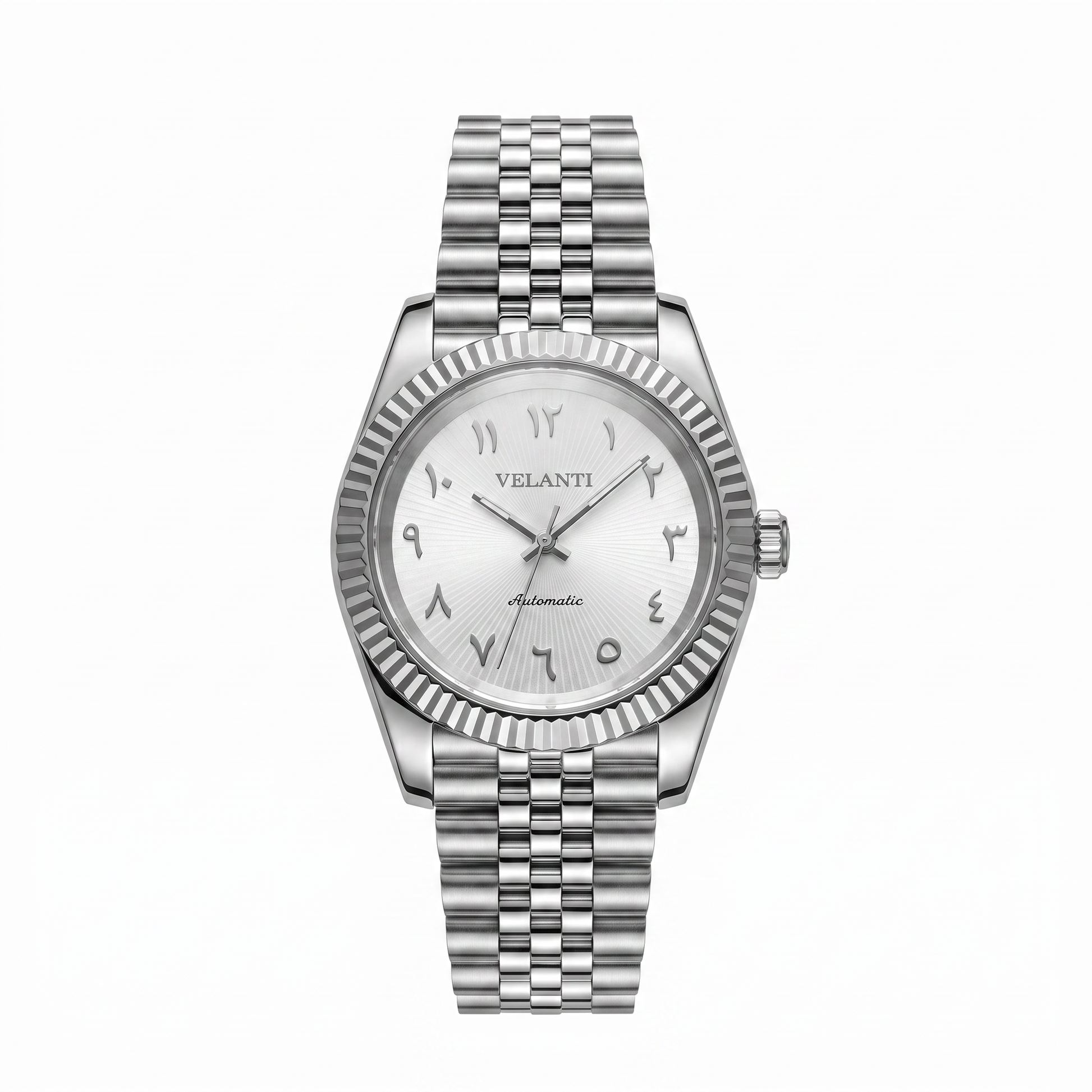 Datejust-style automatic watch, Velanti Milano Veljust White Arabic Textured, main product photo