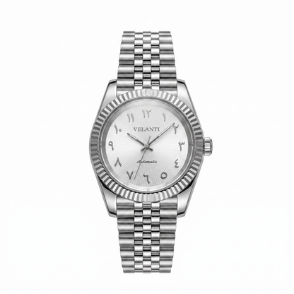 Datejust-style automatic watch, Velanti Milano Veljust White Arabic Textured, main product photo