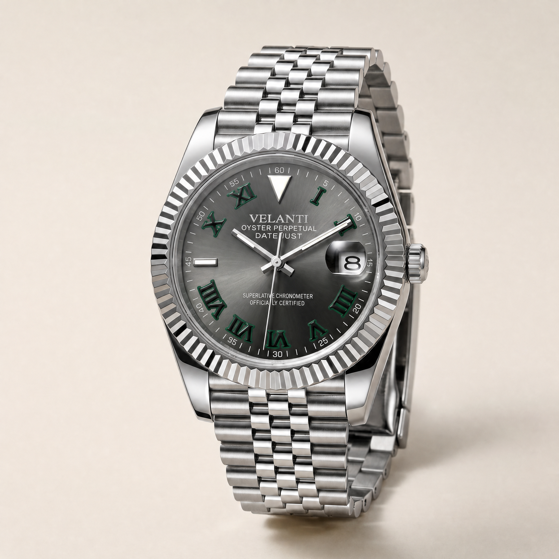 Datejust-style custom automatic watch, Velanti Milano Veljust Wimbledon, watch detail photo 10