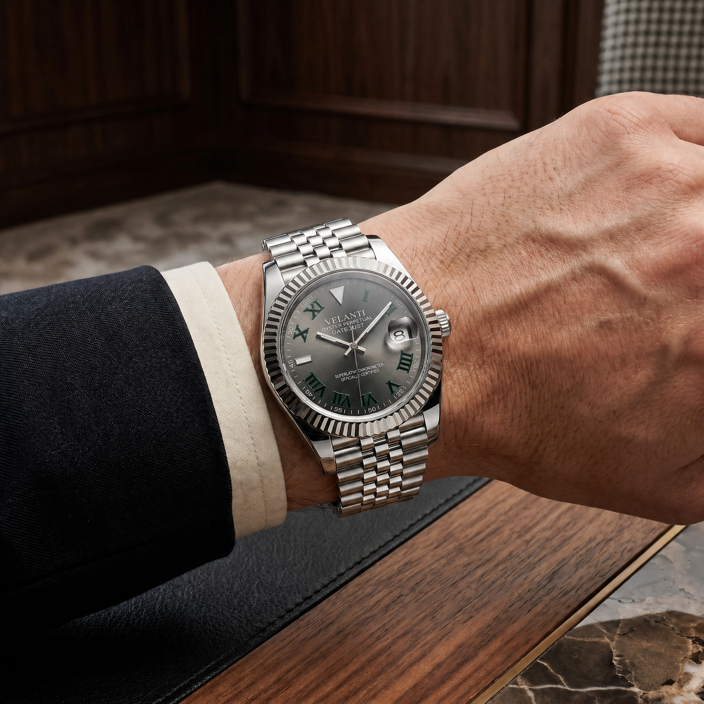 Datejust-style custom mod watch, Velanti Milano Veljust Wimbledon worn on wrist photo 11