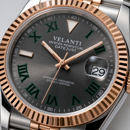 Datejust-style custom automatic watch, Velanti Milano Veljust Wimbledon Two Tone, dial close-up