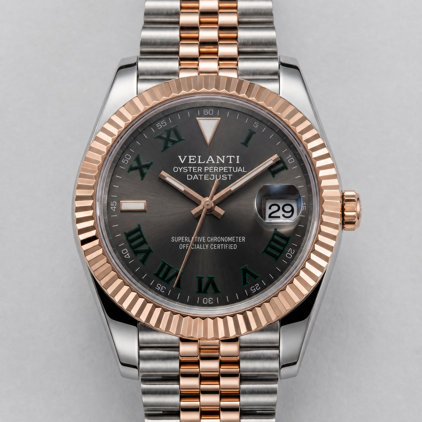 Datejust-style custom automatic watch, Velanti Milano Veljust Wimbledon Two Tone, watch detail photo 6