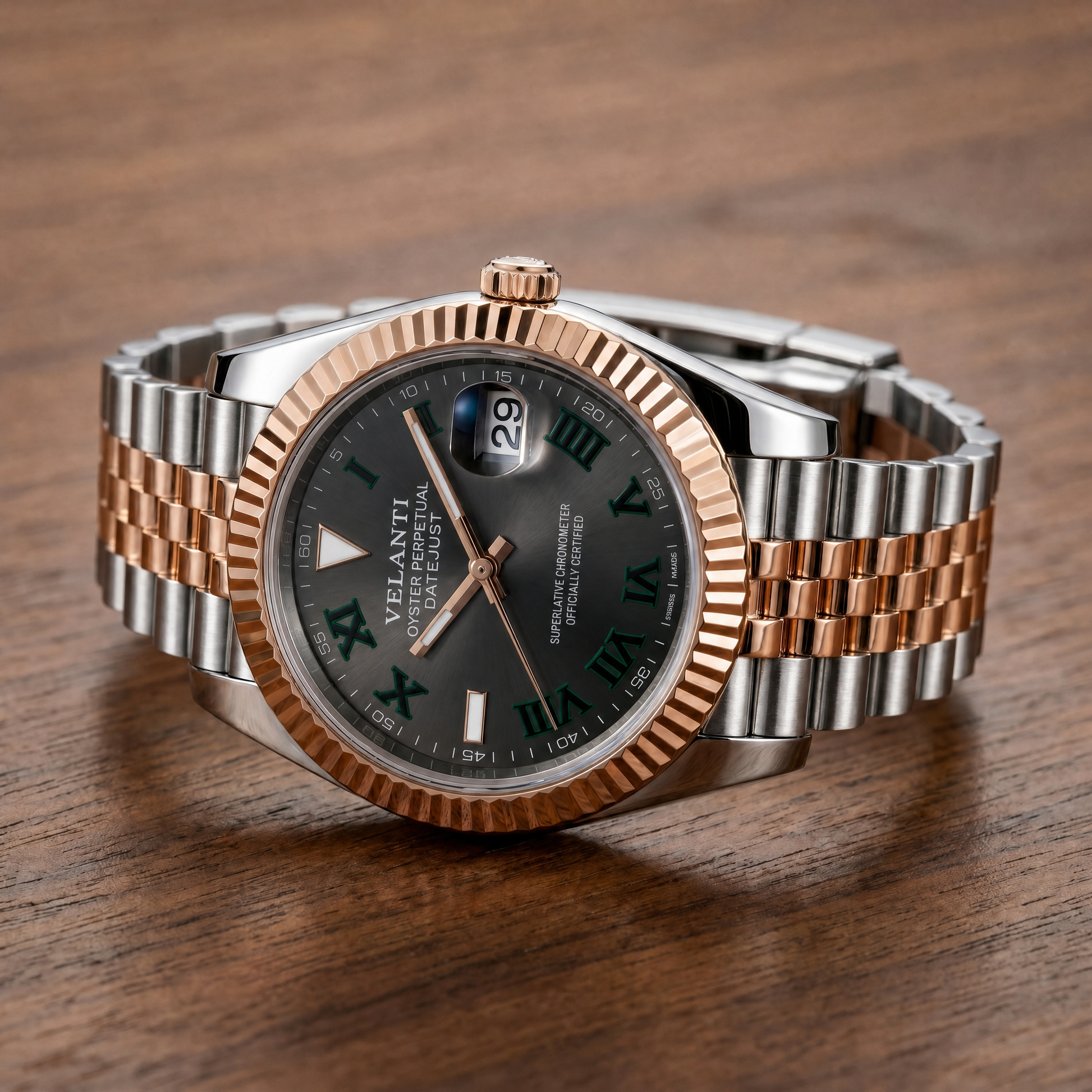 Datejust-style custom automatic watch, Velanti Milano Veljust Wimbledon Two Tone, watch detail photo 10