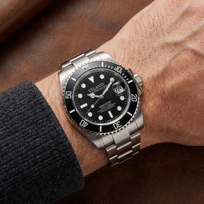 Submariner-style custom mod watch, Velanti Milano Velmariner Black worn on wrist photo 5