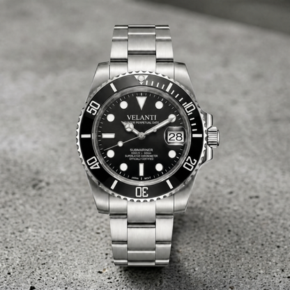 Submariner-style custom automatic watch, Velanti Milano Velmariner Black, bracelet detail photo