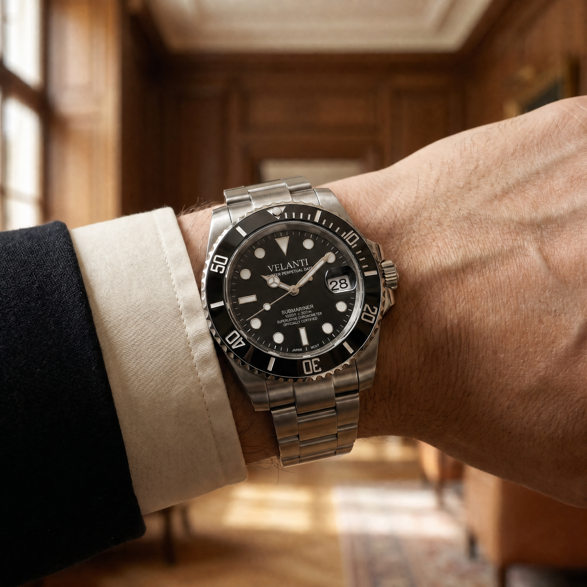 Submariner-style custom mod watch, Velanti Milano Velmariner Black, product photo 7