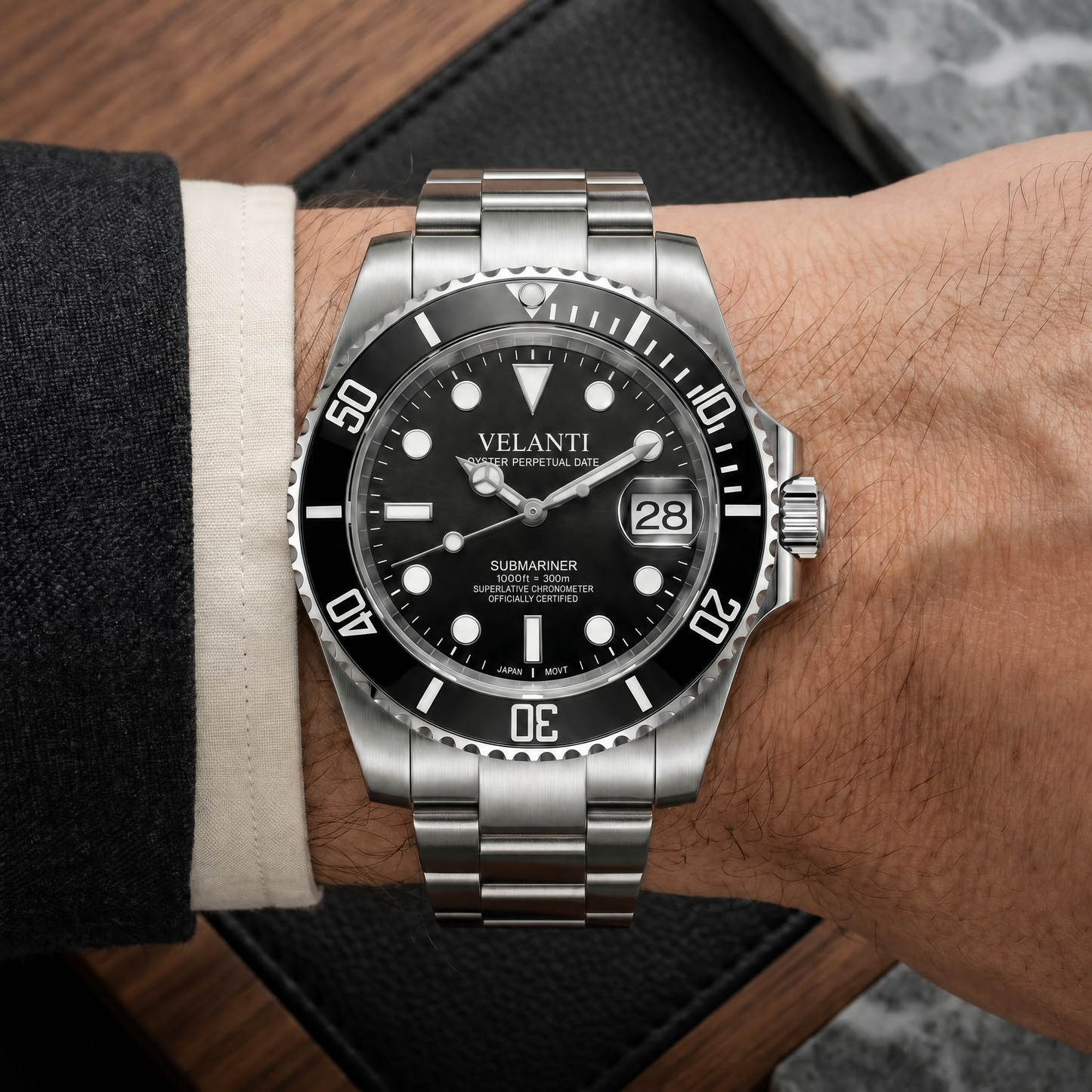 Submariner-style custom mod watch, Velanti Milano Velmariner Black worn on wrist photo 9