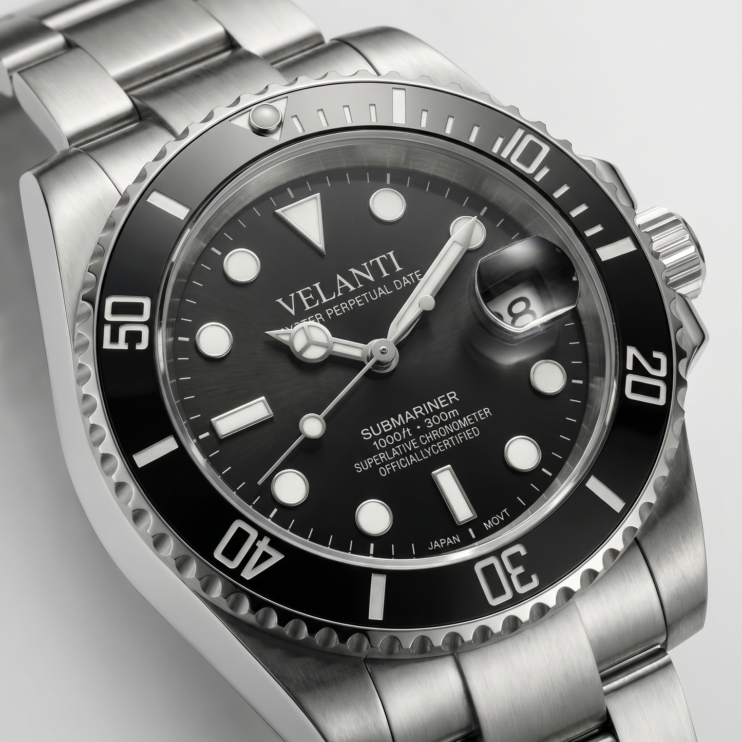 Submariner-style custom mod watch, Velanti Milano Velmariner Black, product photo 2