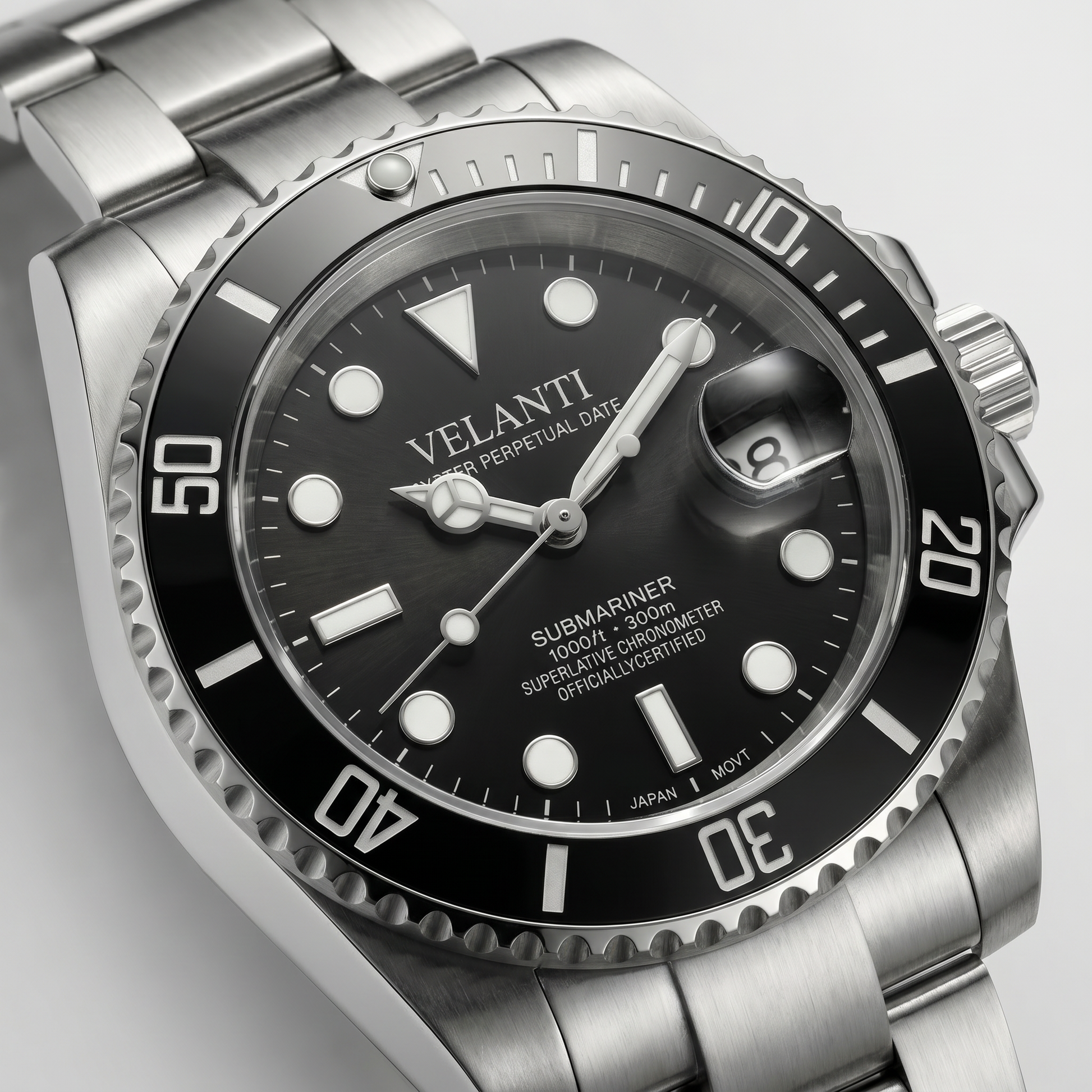 Submariner-style custom mod watch, Velanti Milano Velmariner Black, product photo 2
