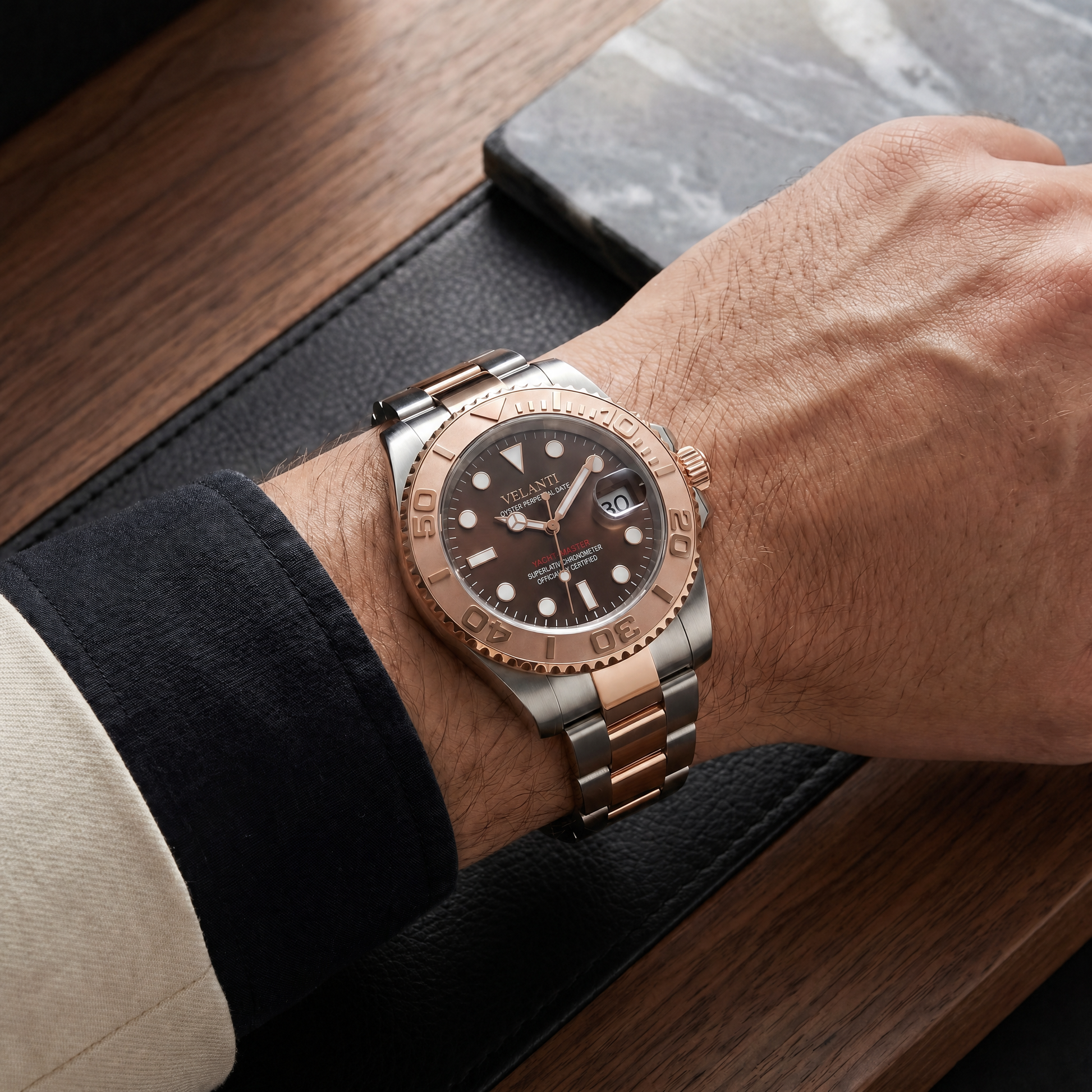Submariner-style automatic watch, Velanti Milano Velmariner Rose Gold, on-wrist photo