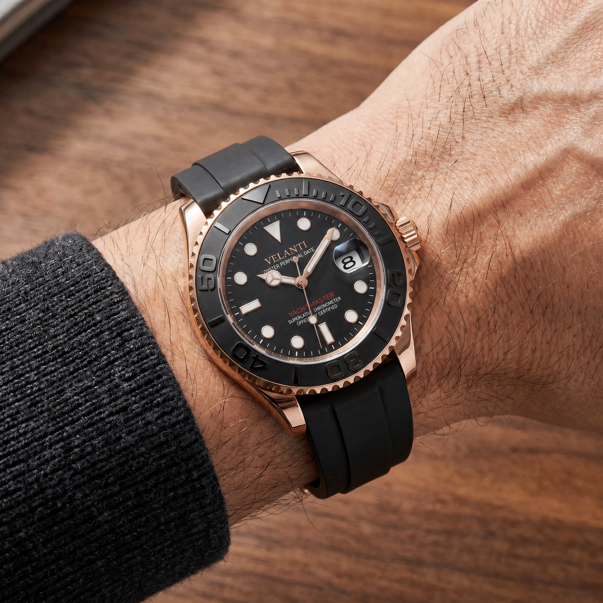 Submariner-style custom mod watch, Velanti Milano Velmariner Rose Gold Black worn on wrist