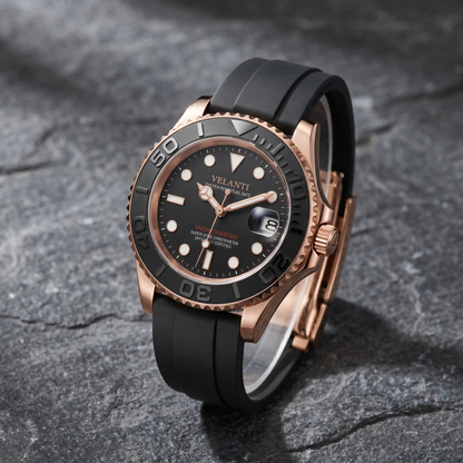 Submariner-style custom automatic watch, Velanti Milano Velmariner Rose Gold Black, bracelet detail photo