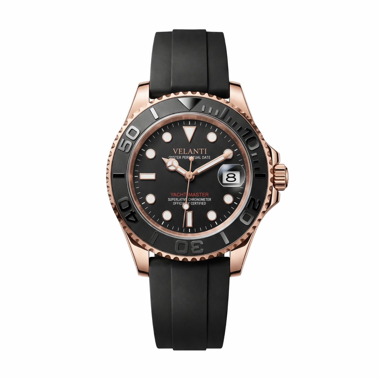Submariner-style custom mod watch, Velanti Milano Velmariner Rose Gold Black, main product photo