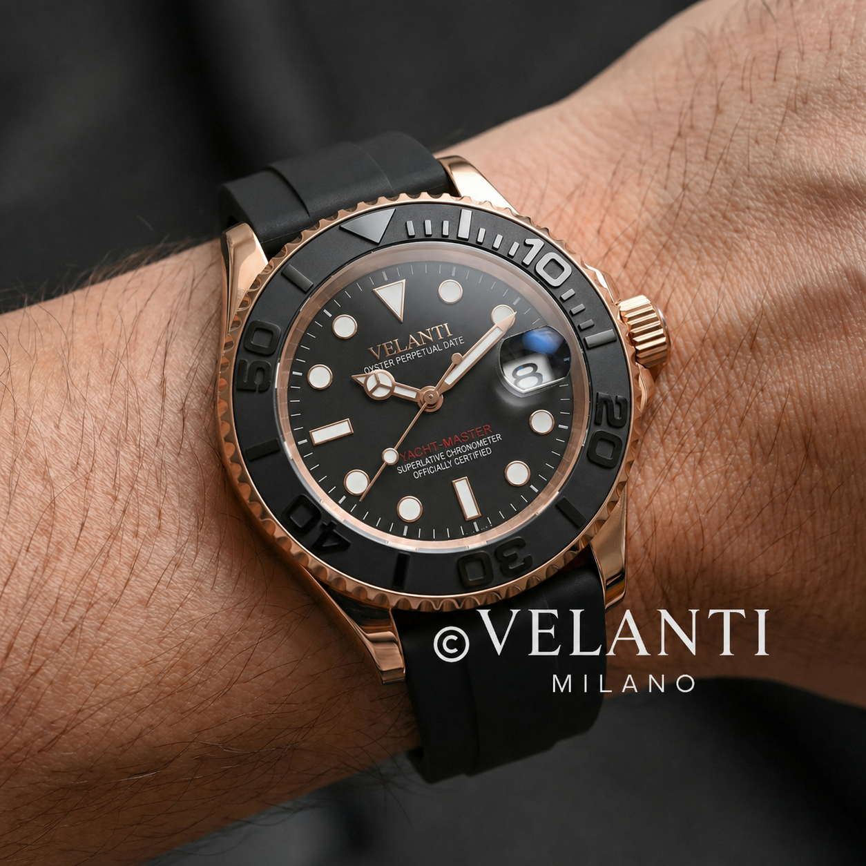 Submariner-style custom mod watch, Velanti Milano Velmariner Rose Gold Black, product photo 2