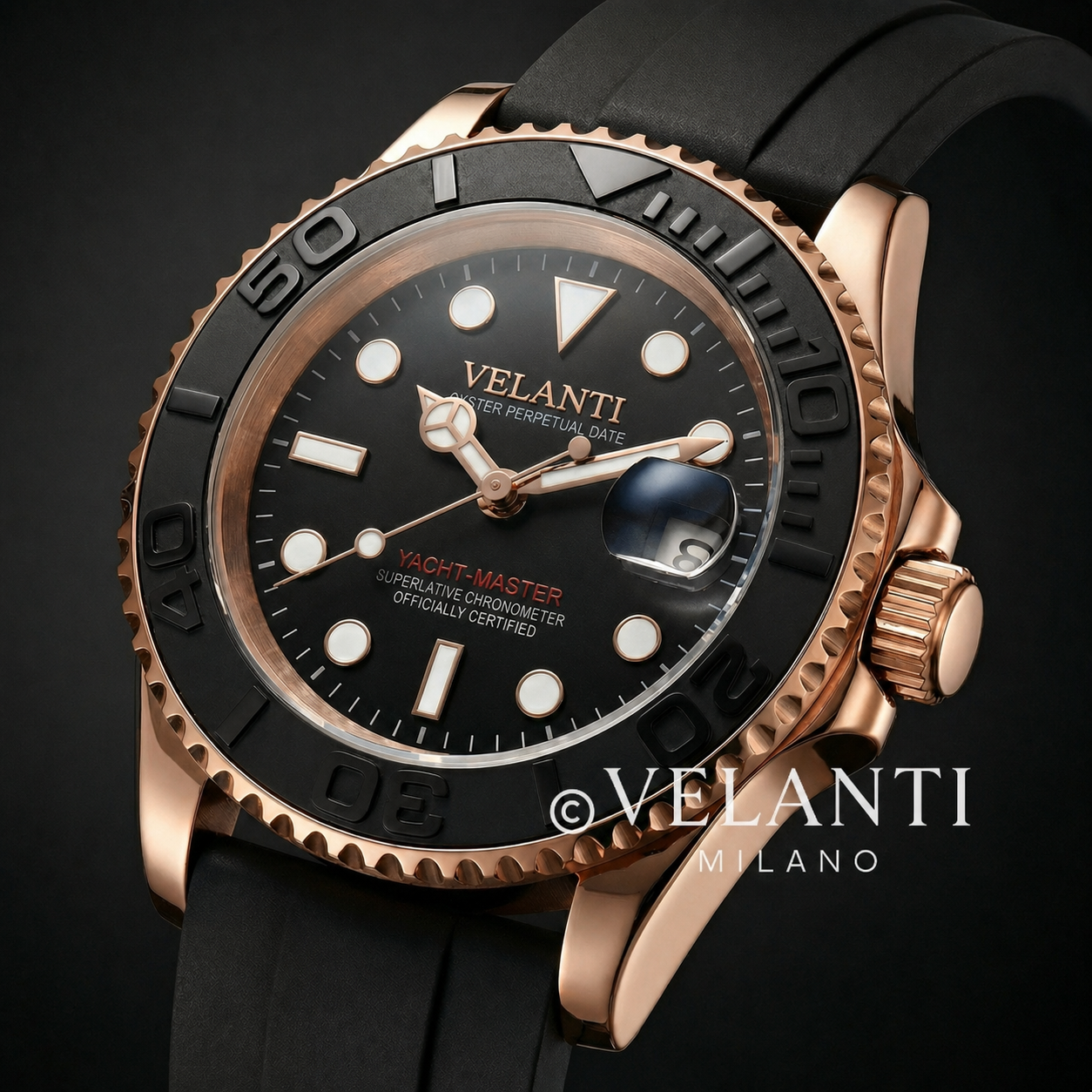 Submariner-style custom mod watch, Velanti Milano Velmariner Rose Gold Black, product photo 5