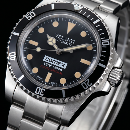 Submariner-style automatic watch, Velanti Milano Velmariner Vintage, watch detail photo