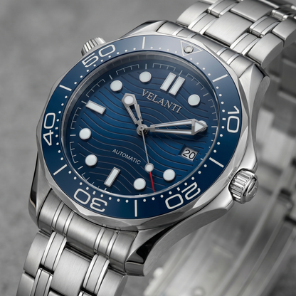 Seamaster-style automatic watch, Velanti Milano Velmaster Blue, watch detail photo 9