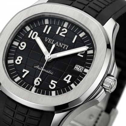 Aquanaut-style custom automatic watch, Velanti Milano Velnaut Black, watch detail photo