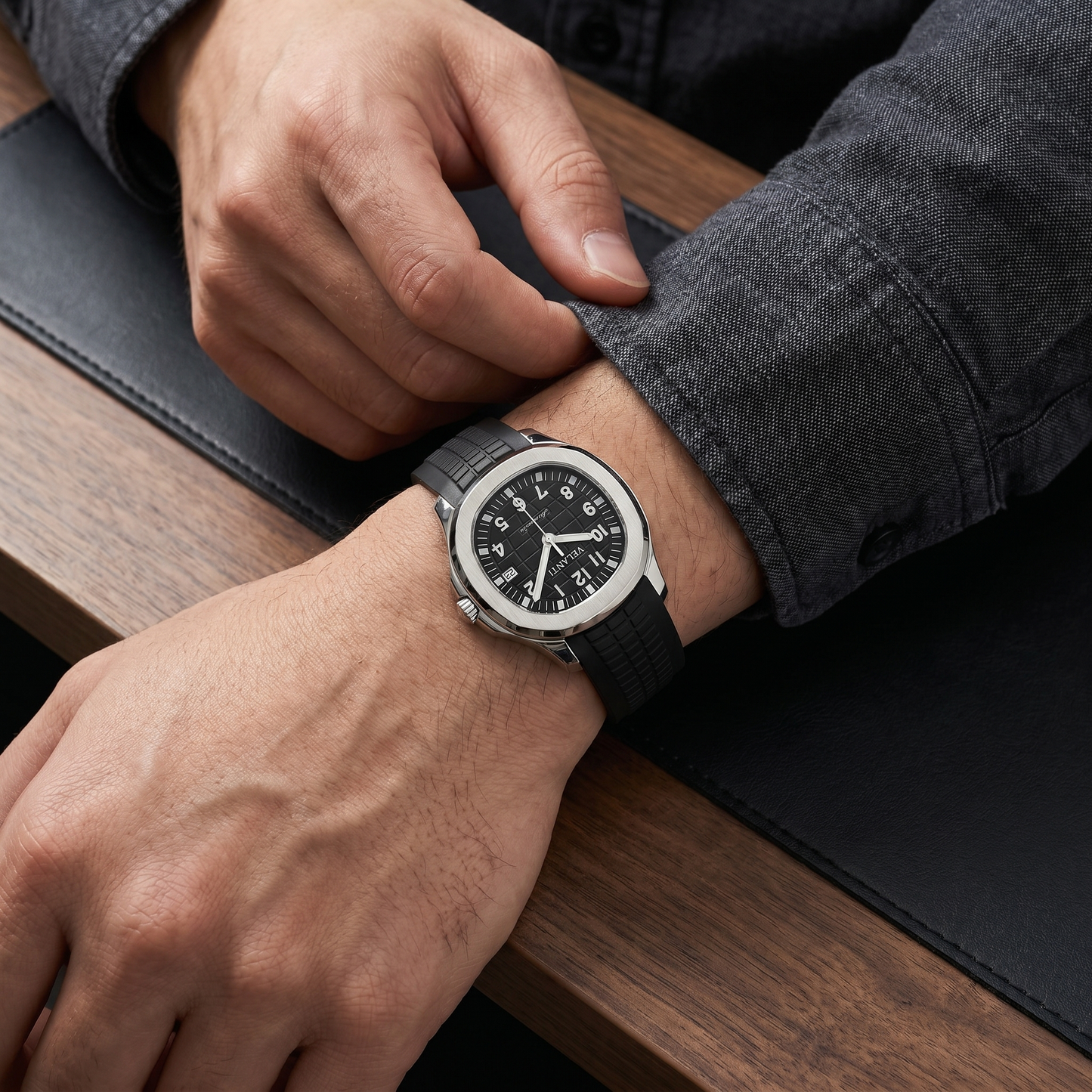 Aquanaut-style automatic watch, Velanti Milano Velnaut Black, on-wrist photo