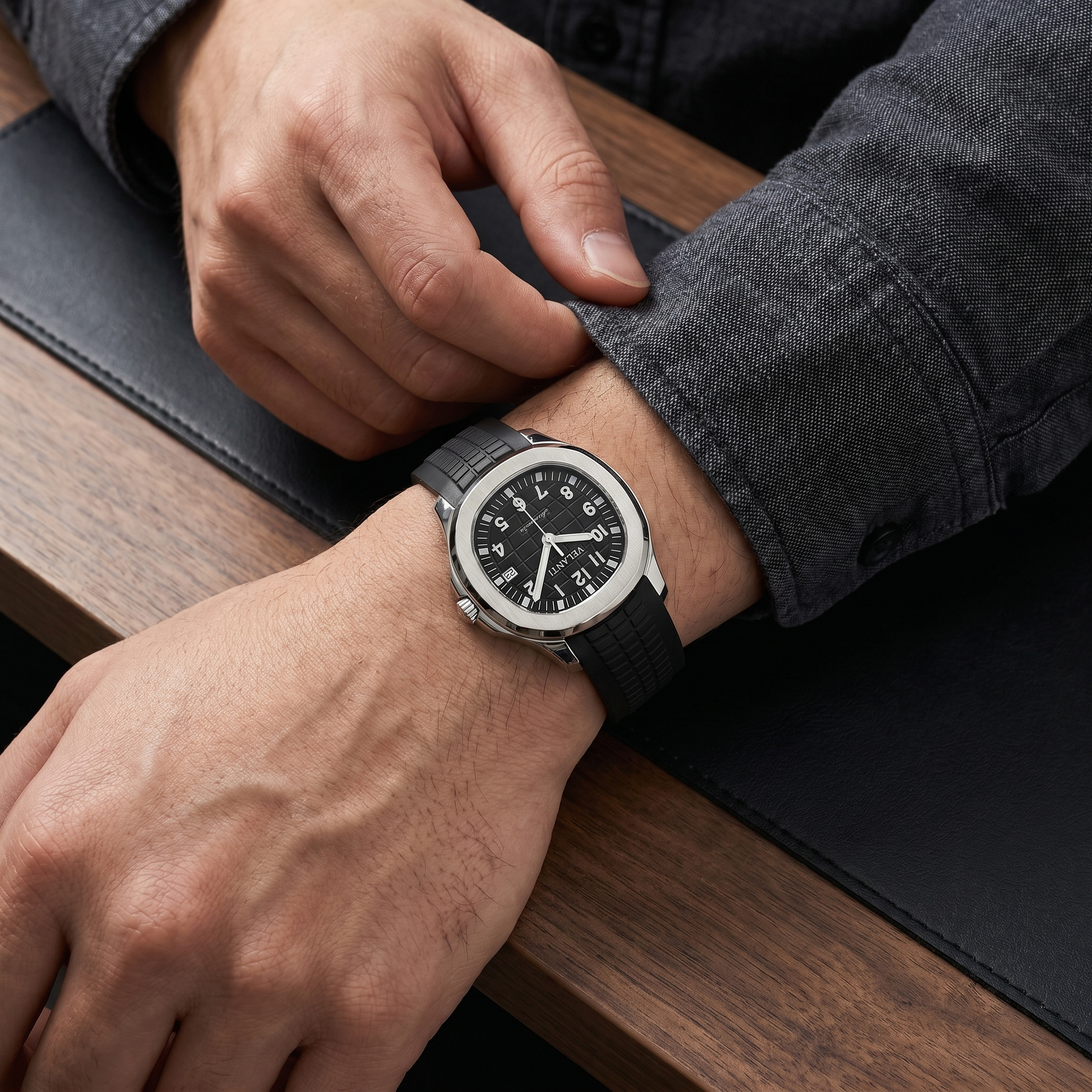 Aquanaut-style automatic watch, Velanti Milano Velnaut Black, on-wrist photo