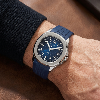 Aquanaut-style automatic watch, Velanti Milano Velnaut Blue, on-wrist photo