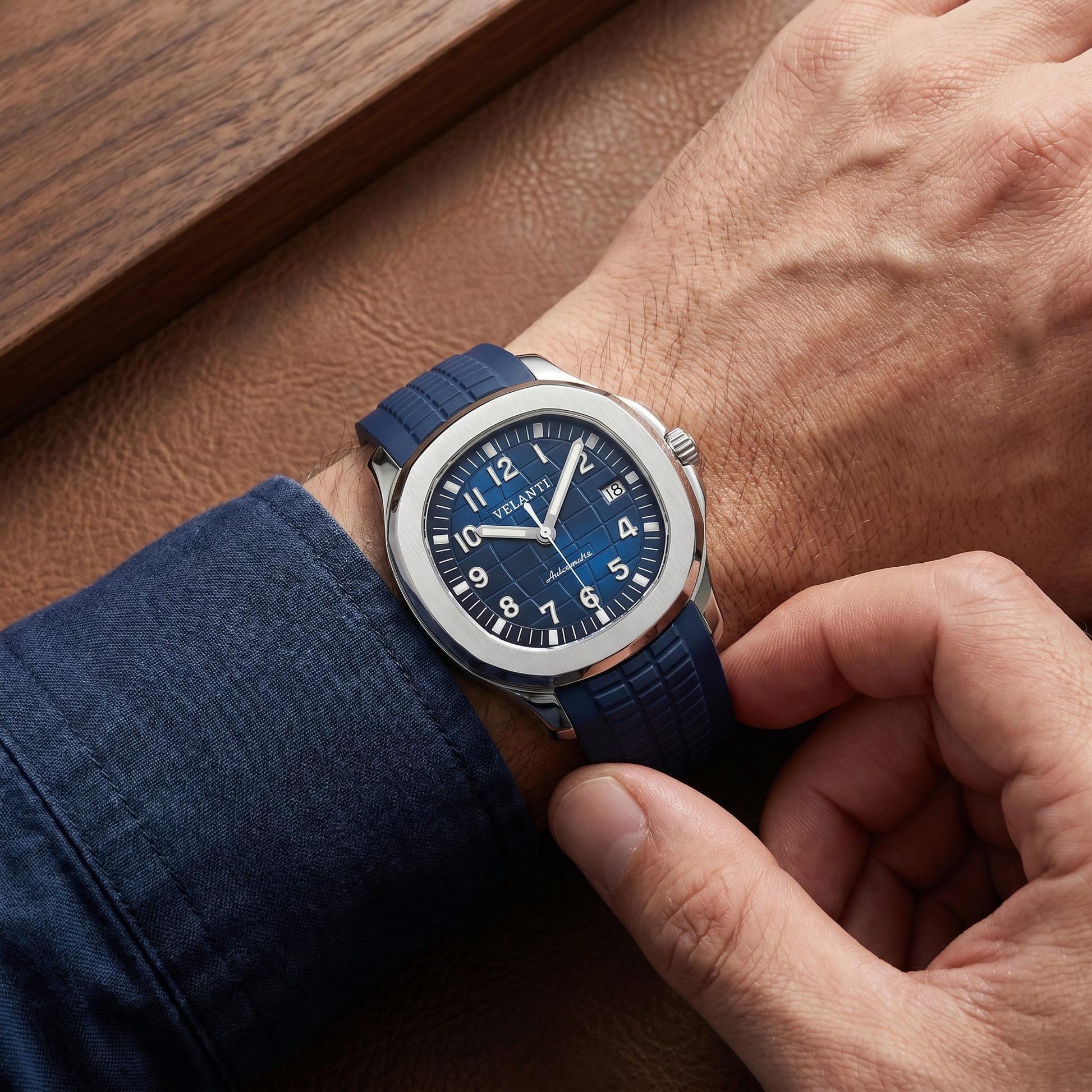 Aquanaut-style automatic watch, Velanti Milano Velnaut Blue, on-wrist photo